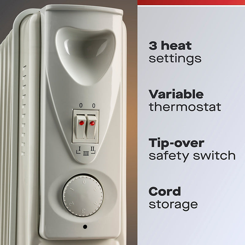 Daewoo Oil Filled Radiator 9 Fin 2000W Portable Heater Adjustable Thermostat White HEA1141GE