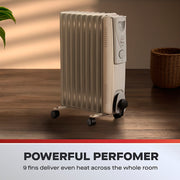Daewoo Oil Filled Radiator 9 Fin 2000W Portable Heater Adjustable Thermostat White HEA1141GE