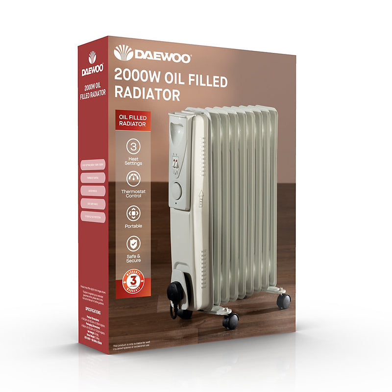 Daewoo Oil Filled Radiator 9 Fin 2000W Portable Heater Adjustable Thermostat White HEA1141GE