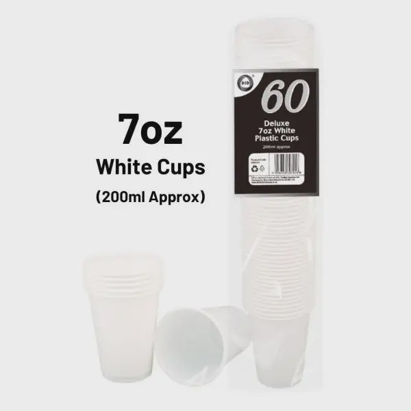 60 Deluxe 7Oz White  Plastic Cups 200Ml