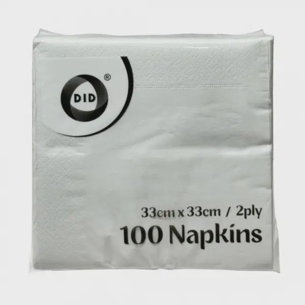 100 Pack  2 Ply White Napkins 33Cmx 33Cm