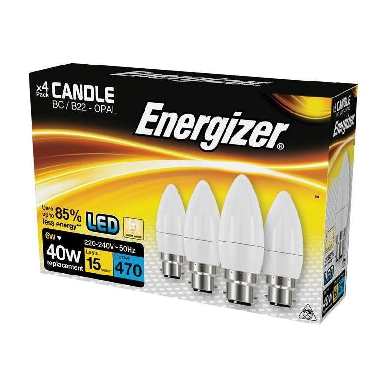 Energizer® LED BC (B22) Opal Candle Non-Dimmable Bulb, Warm White 470 lm 5.2W (Pack 4) Energizer® - RockBottom Northamptin