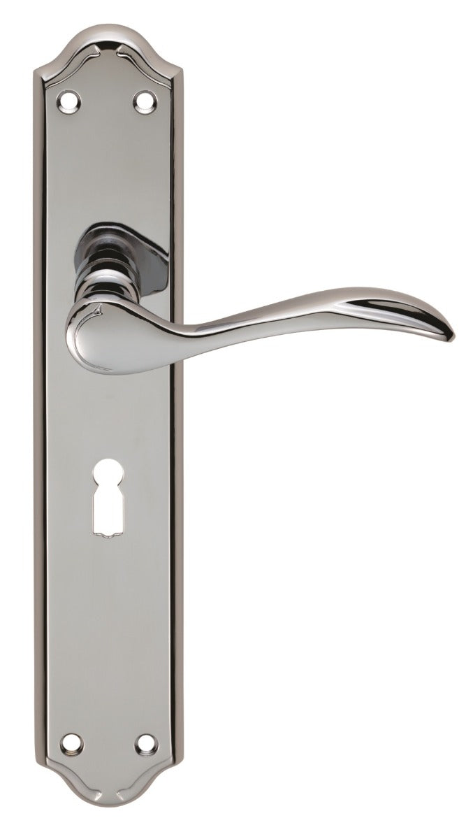 Madrid Lever On Backplate - Lock 57Mm C/C - Polished Chrome 242MM x 45MM
