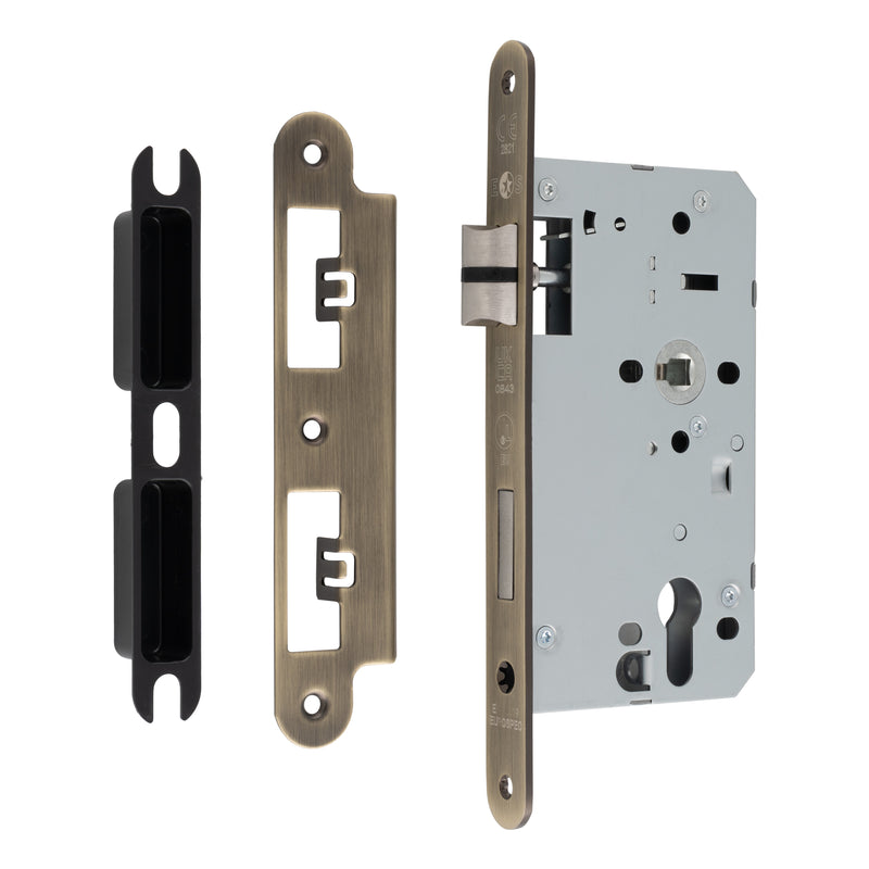 60Mm Din Euro Sashlock - 72Mm C/C - Radius - Antique Brass