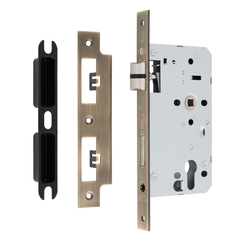 60Mm Din Euro Escape Lock - 72Mm C/C - Radius - Antique Brass