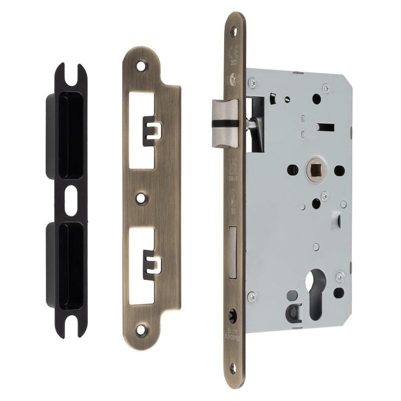 60Mm Din Euro Escape Lock - 72Mm C/C - Radius - Antique Brass