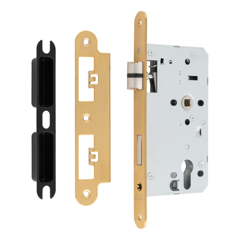60Mm Din Euro Escape Lock - 72Mm C/C - Radius - Satin Brass