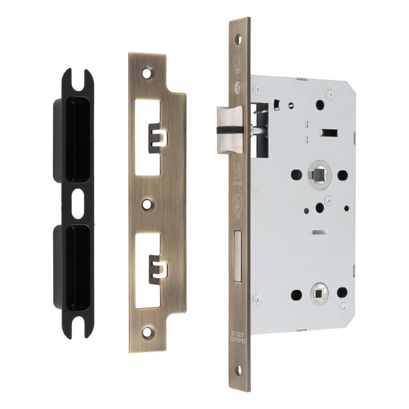60Mm Din Bathroom Lock - 78Mm C/C - 5Mm Follower - Square - Antique Brass
