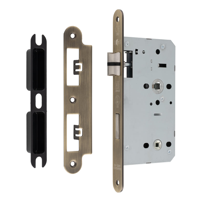 60Mm Din Bathroom Lock - 78Mm C/C - 5Mm Follower - Radius - Antique Brass