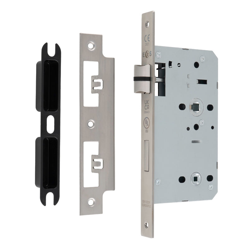 60Mm Din Bathroom Lock - 78Mm C/C - 5Mm Follower - Square - Satin Stainless Steel