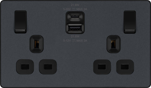 BG Electrical Evolve Matt Grey - Double switched single pole, with USB A + C (22W)