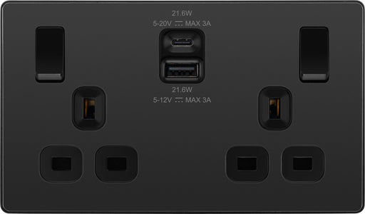 BG Electrical Evolve Black Chrome - Double switched single pole, with USB A + C (22W)