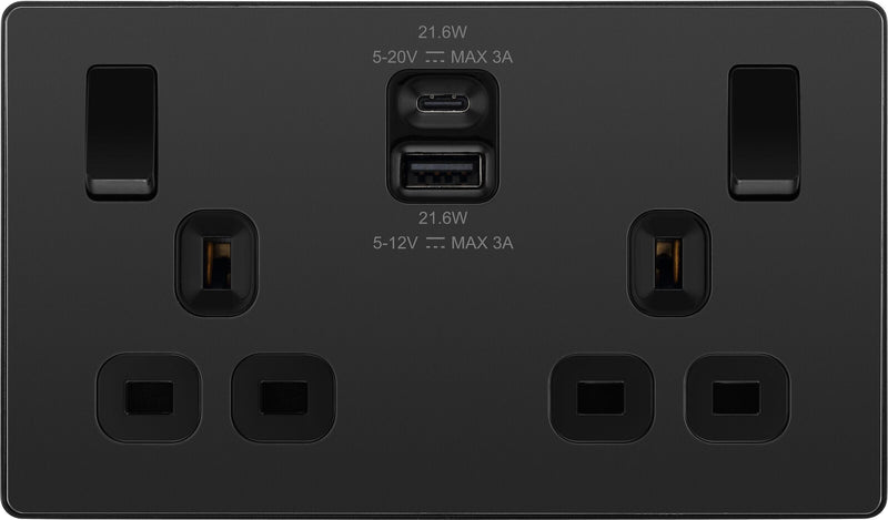 BG Electrical Evolve Black Chrome - Double switched single pole, with USB A + C (22W)