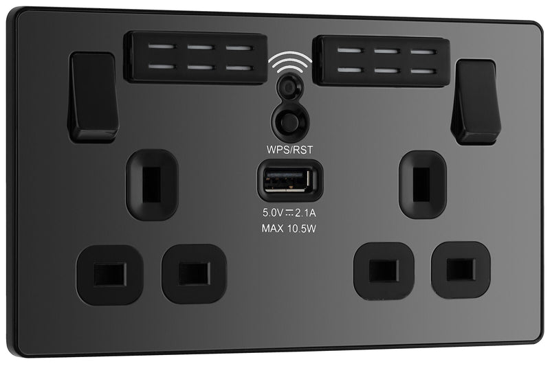 BG Electrical Evolve Black Chrome - Double, switched, single pole, WiFi Extender + USB A