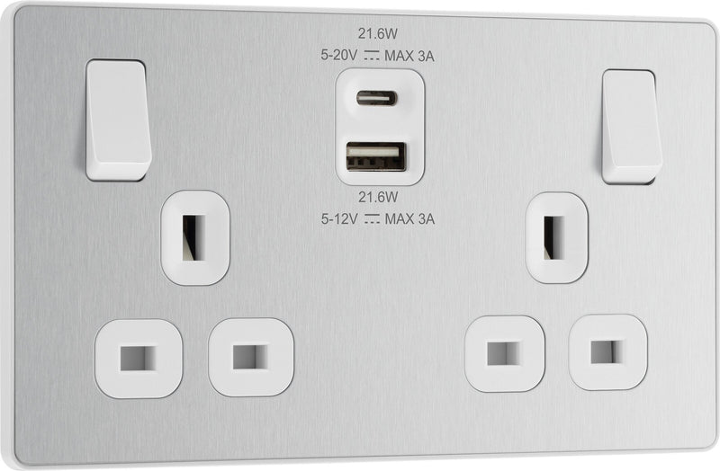 BG Electrical Evolve Brushed Steel - Double switched single pole, with USB A + C (22W)