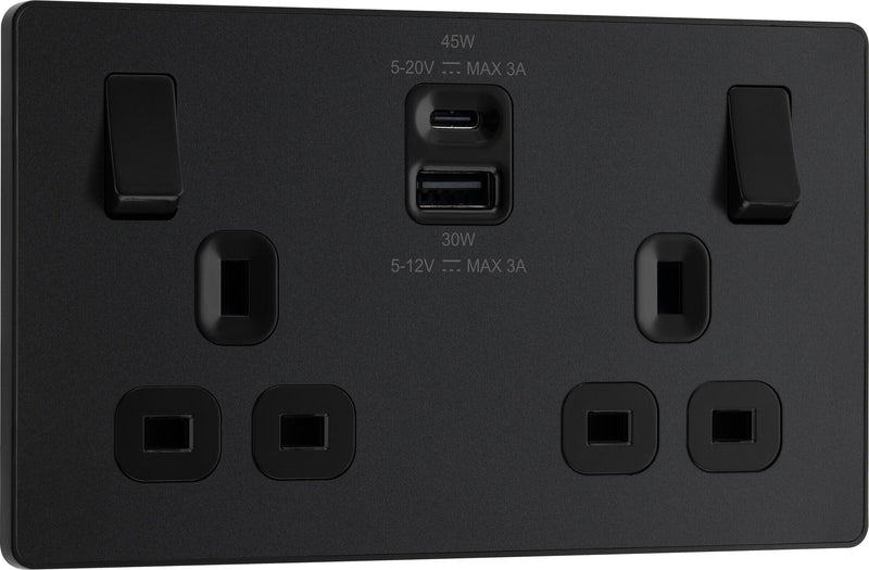BG Electrical Evolve Matt Black - Double switched single pole, with USB A + C (45W)