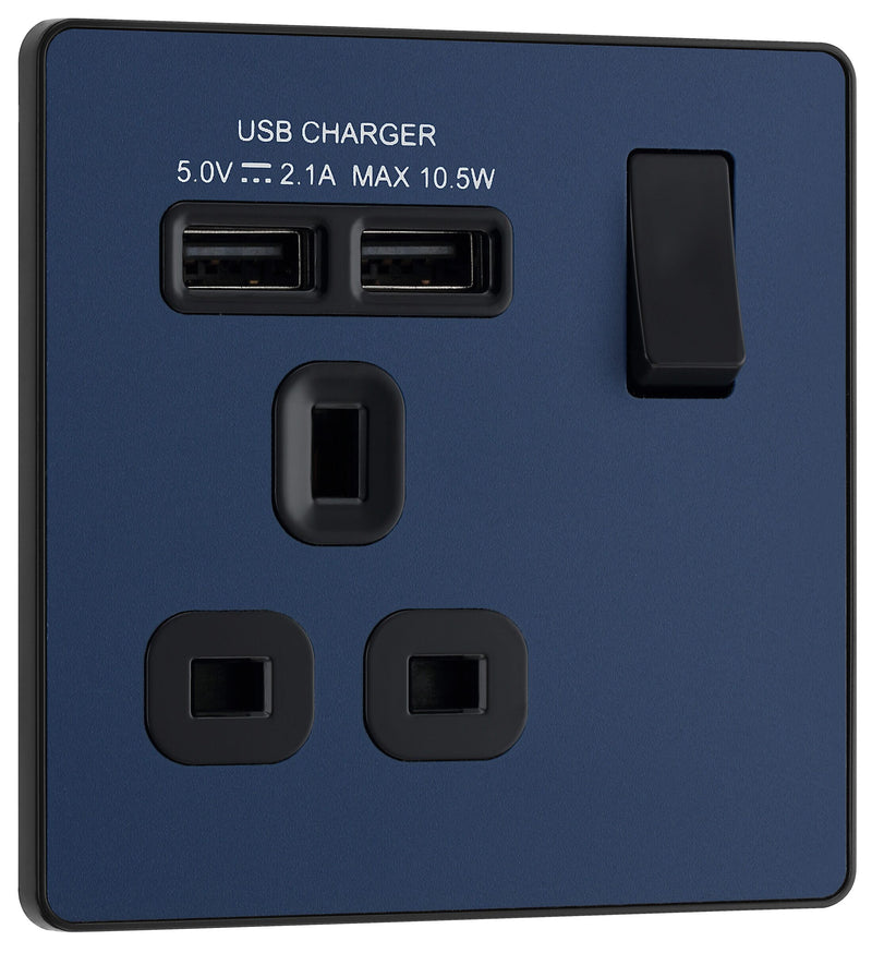 BG Electrical Evolve Matt Blue - Single, switched, single pole, with 2 x USB A