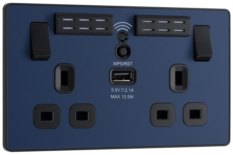 BG Electrical Evolve Matt Blue - Double, switched, single pole, WiFi Extender + USB A