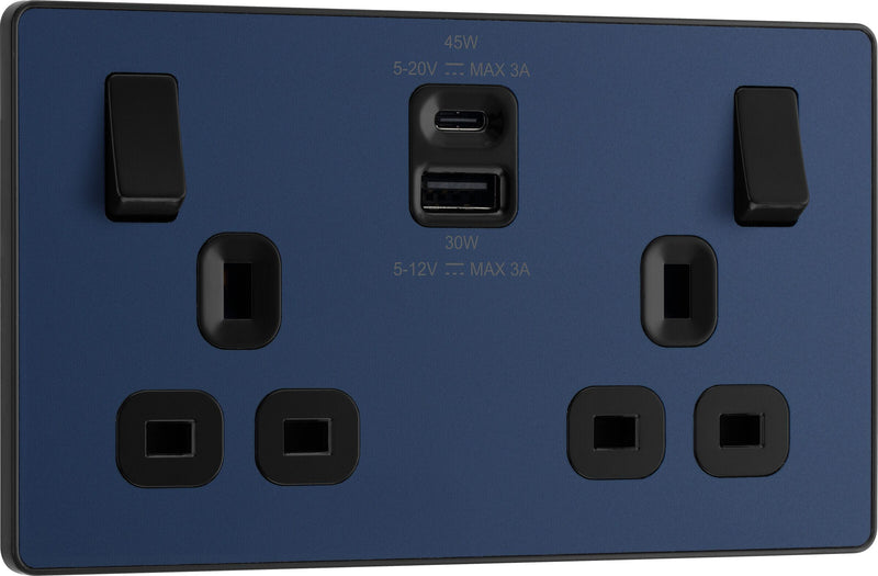 BG Electrical Evolve Matt Blue - Double switched single pole, with USB A + C (45W)