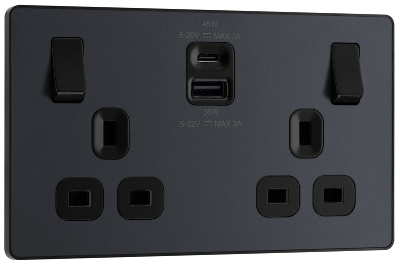 BG Electrical Evolve Matt Grey - Double switched single pole, with USB A + C (45W)