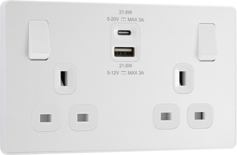 BG Electrical Evolve Pearlescent White - Double switched single pole, with USB A + C (22W)