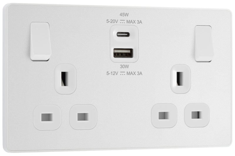 BG Electrical Evolve Pearlescent White - Double switched single pole, with USB A + C (45W)