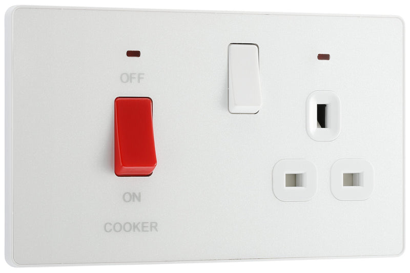 BG Electrical Evolve Pearlescent White - 45A, double pole, with switched socket and indicators