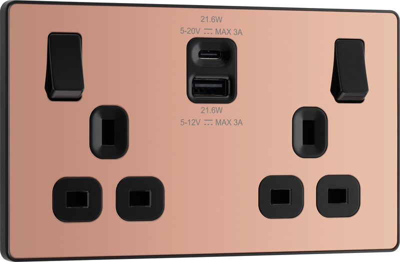BG Electrical Evolve Polished Copper - Double switched single pole, with USB A + C (22W)