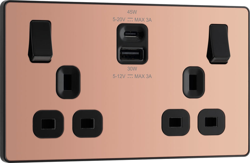 BG Electrical Evolve Polished Copper - Double switched single pole, with USB A + C (45W)