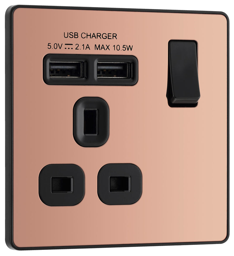 BG Electrical Evolve Polished Copper - Single, switched, single pole, with 2 x USB A