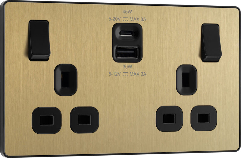 BG Electrical Evolve Satin Brass - Double switched single pole, with USB A + C (45W)