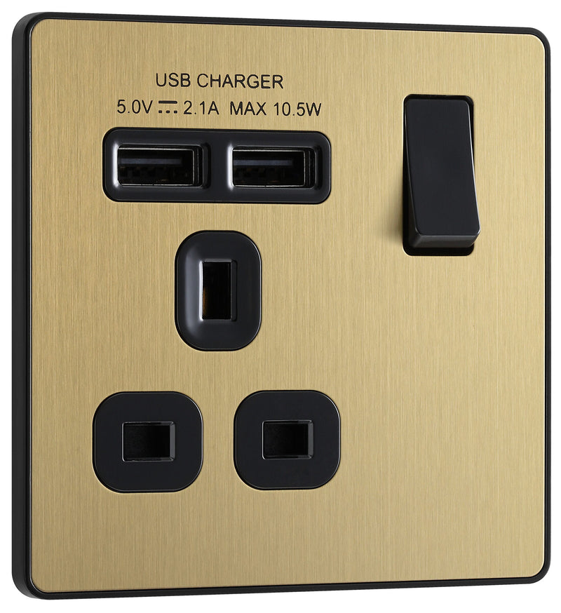 BG Electrical Evolve Satin Brass - Single, switched, single pole, with 2 x USB A