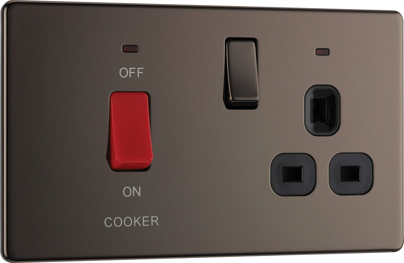 BG Electrical Flatplate Screwless Black Nickel - 45A double pole with switched socket and indicators