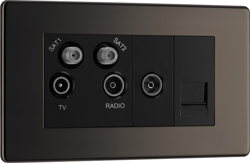 BG Electrical Flatplate Screwless Black Nickel - Quadplex 2 x sat, BT outlet and co-ax returned - screened