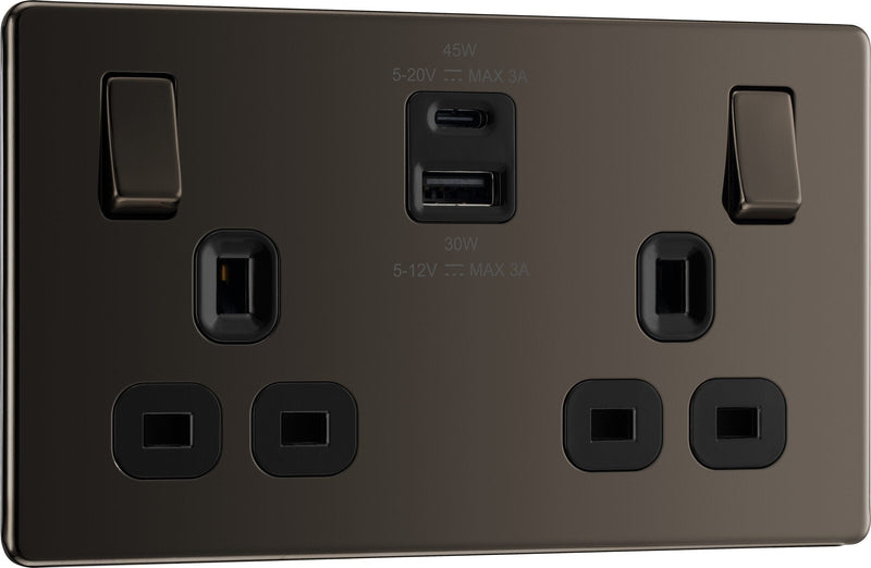 BG Electrical Flatplate Screwless Black Nickel - Double switched single pole, with USB A + C (45W)