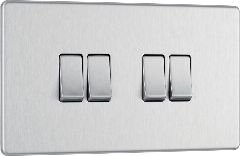 BG Electrical Flatplate Screwless Brushed Steel - Quadruple, 2 way switch