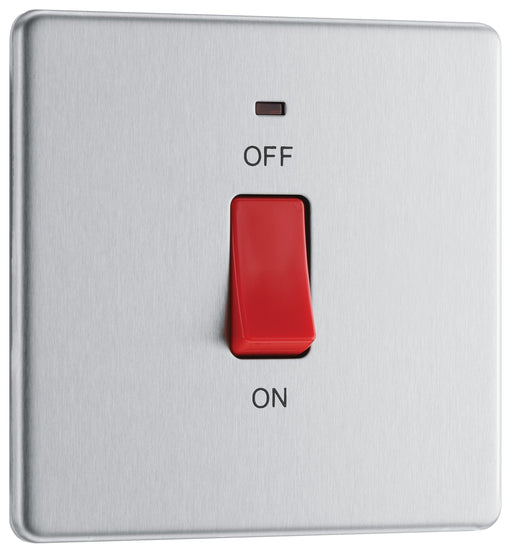 BG Electrical Flatplate Screwless Brushed Steel - 45A, double pole, single plate, with indicator