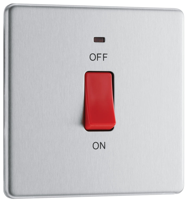 BG Electrical Flatplate Screwless Brushed Steel - 45A, double pole, single plate, with indicator
