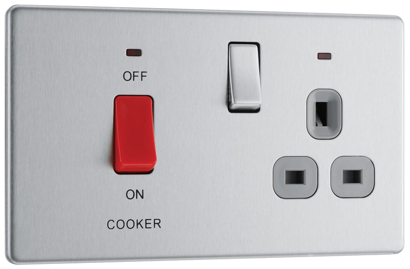 BG Electrical Flatplate Screwless Brushed Steel - 45A double pole, with switched socket and indicators
