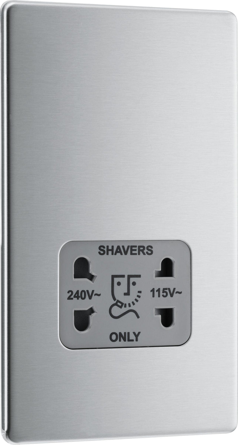 BG Electrical Flatplate Screwless Brushed Steel - 115/240V dual voltage shaver socket
