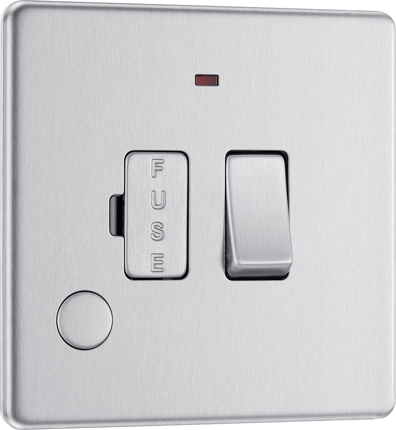 BG Electrical Flatplate Screwless Brushed Steel - Switched and fused with indicator and flex outlet