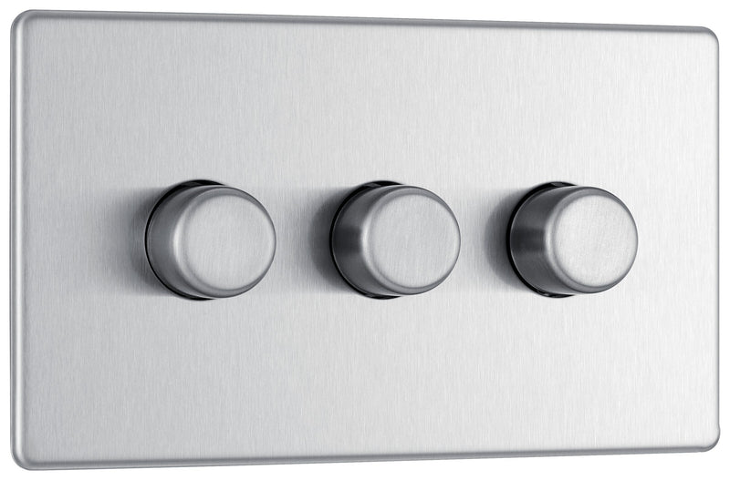 BG Electrical Flatplate Screwless Brushed Steel - Triple 2 way push 200W