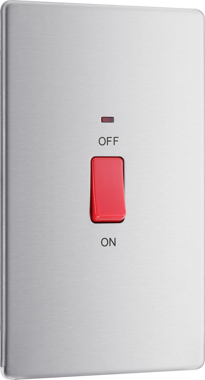 BG Electrical Flatplate Screwless Brushed Steel - 45A, double pole, large plate, with indicator