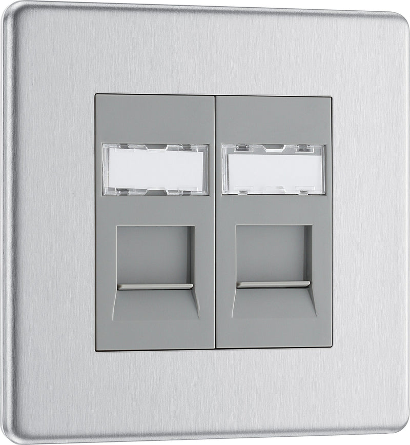 BG Electrical Flatplate Screwless Brushed Steel - Double, RJ45 telephone socket