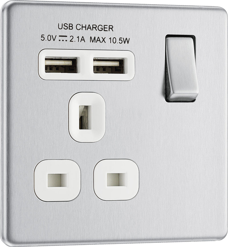 BG Electrical Flatplate Screwless Brushed Steel - Single switched, single pole, with 2 x USB A