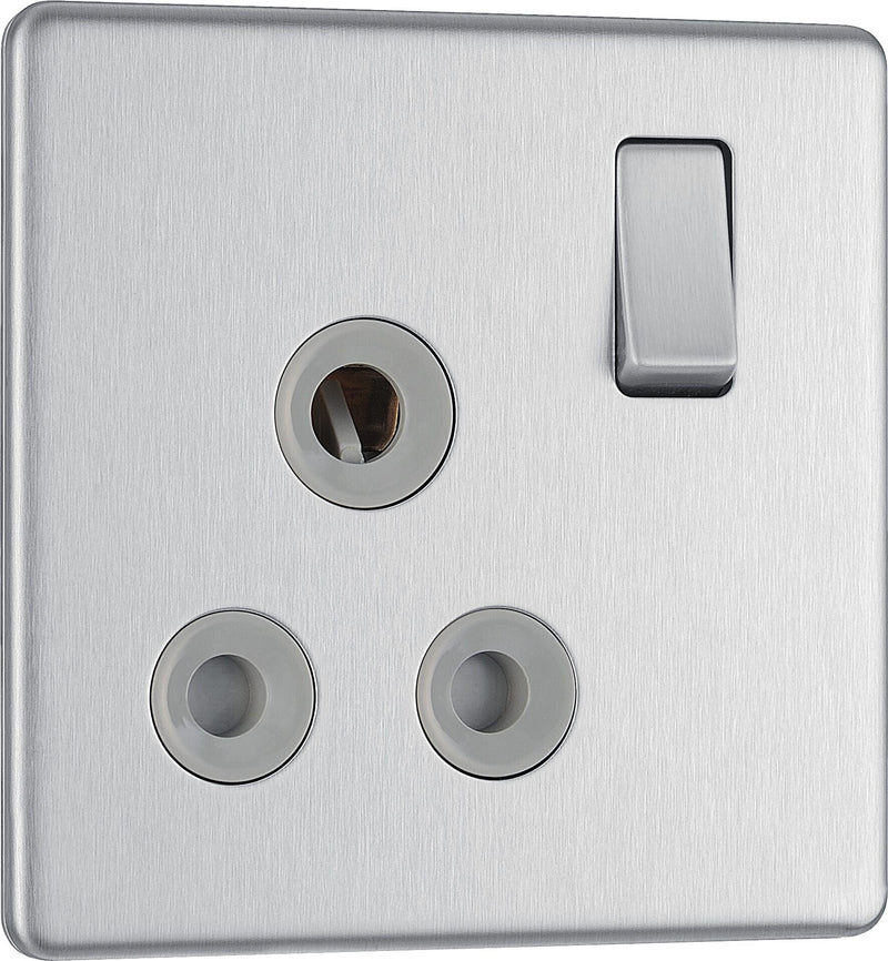 BG Electrical Flatplate Screwless Brushed Steel - 15A, single, switched, round pin