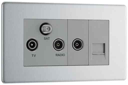 BG Electrical Flatplate Screwless Brushed Steel - Triplex with BT outlet and co-axial return - screened