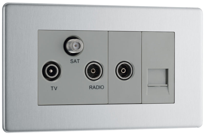 BG Electrical Flatplate Screwless Brushed Steel - Triplex with BT outlet and co-axial return - screened