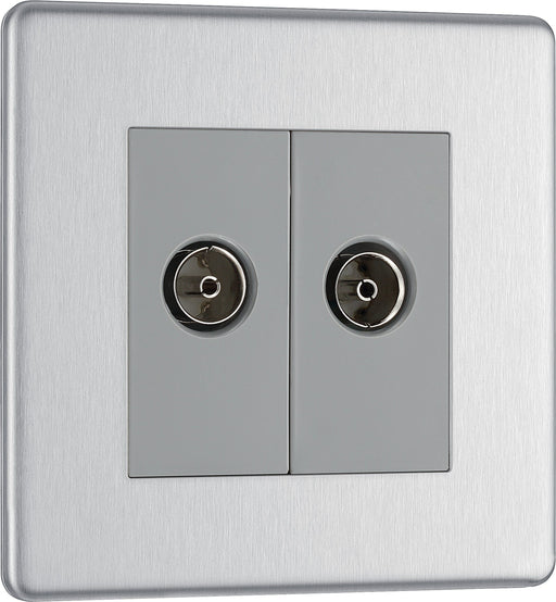 BG Electrical Flatplate Screwless Brushed Steel - Double, isolated, co-axial