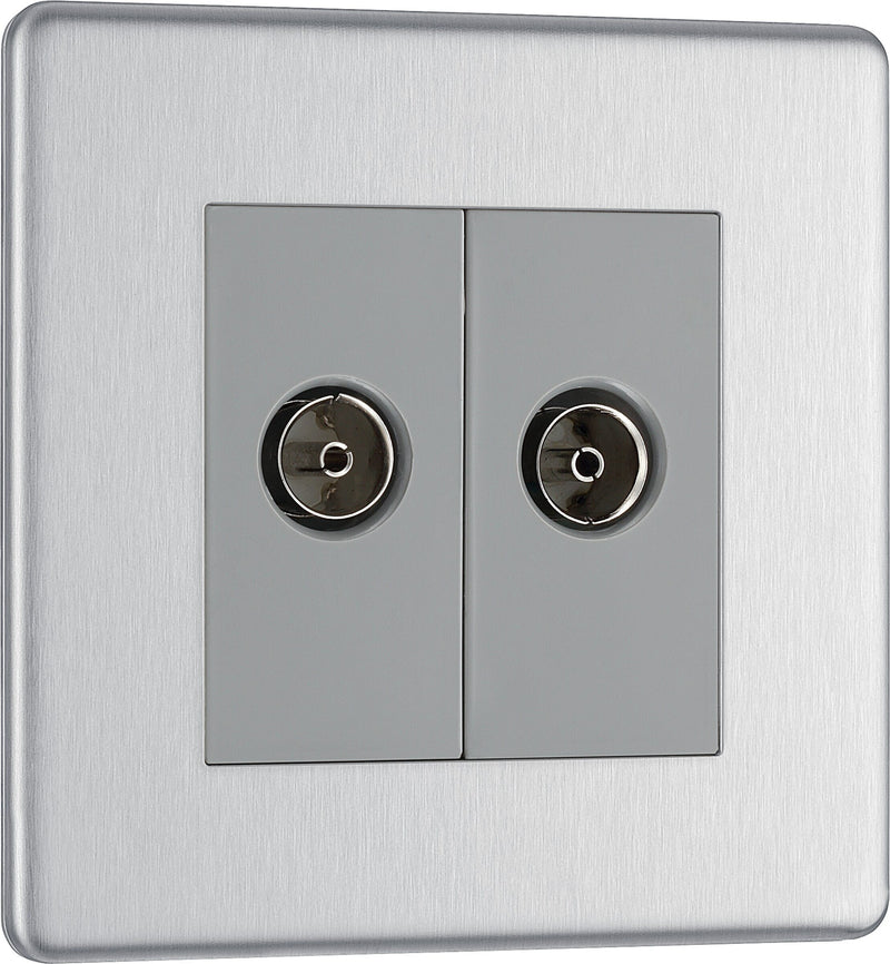 BG Electrical Flatplate Screwless Brushed Steel - Double, isolated, co-axial